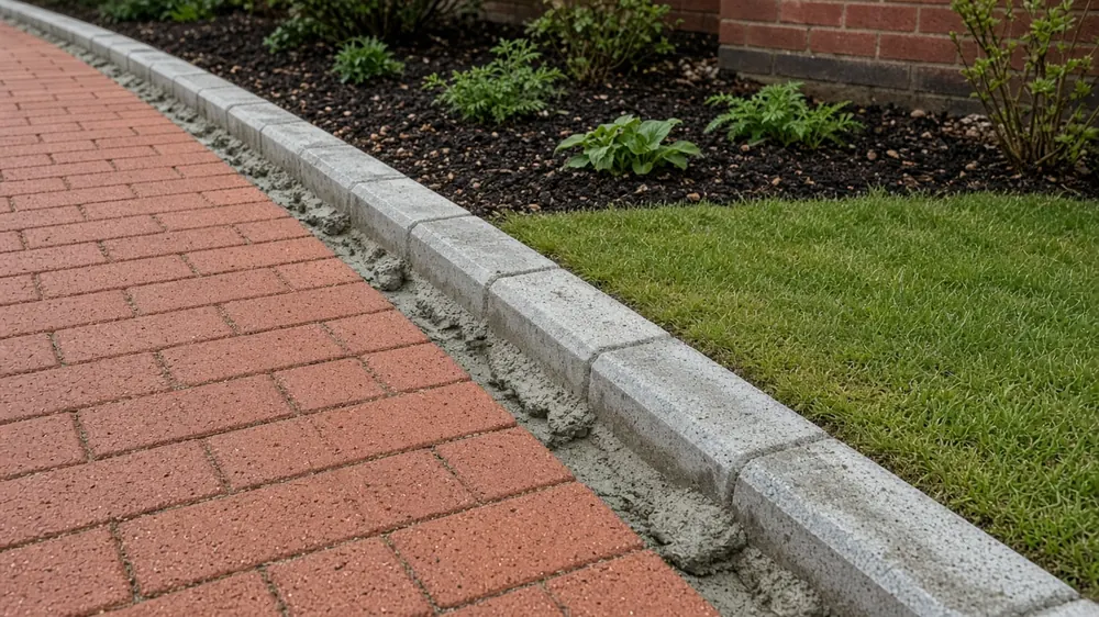 Example image: the edge of a clay paver driveway beside a lawn