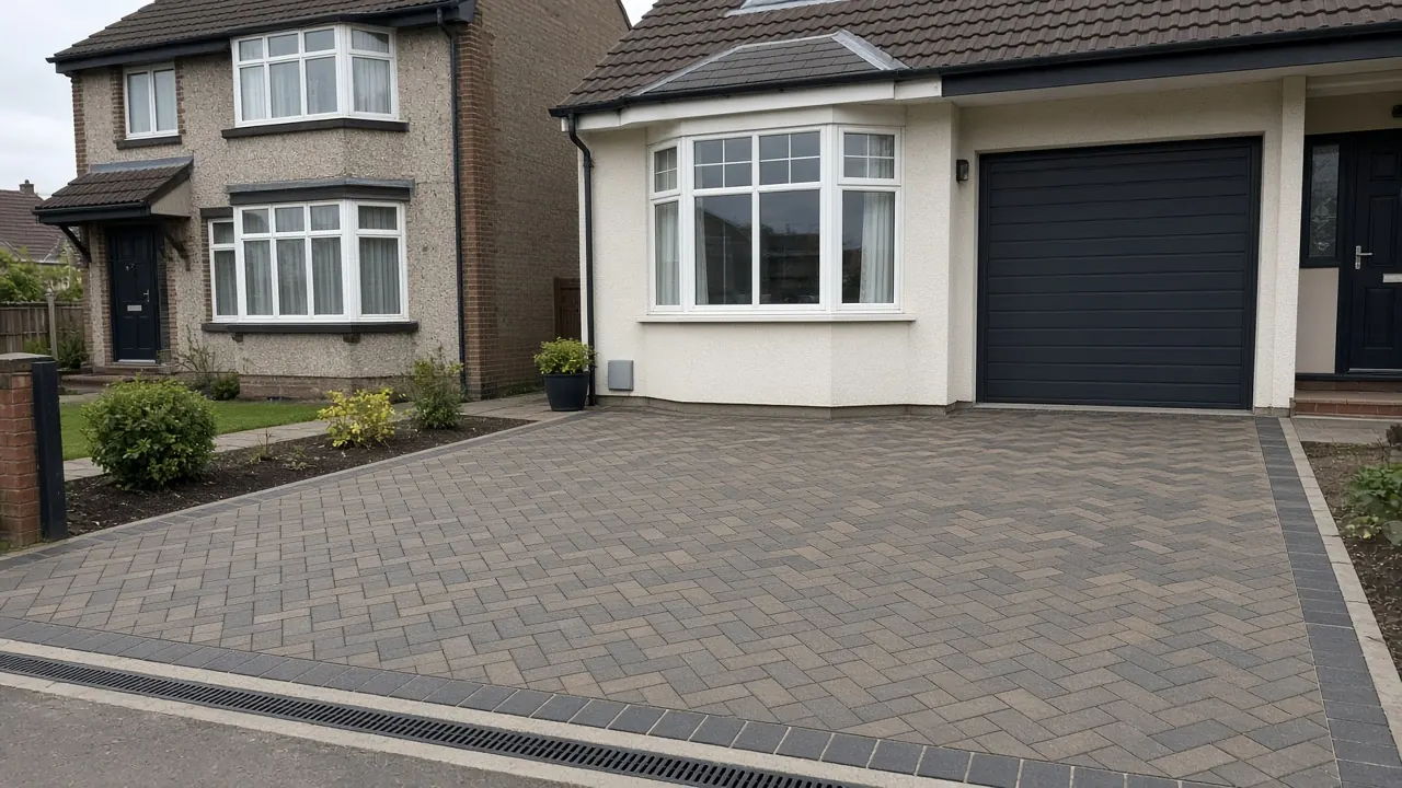 Example image: brindle herringbone block paving with a charcoal border and a drainage channel
