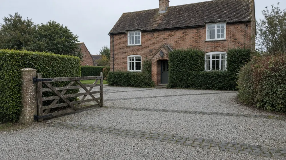 Example image: a gravel driveway with granite sett bands in front of a village house