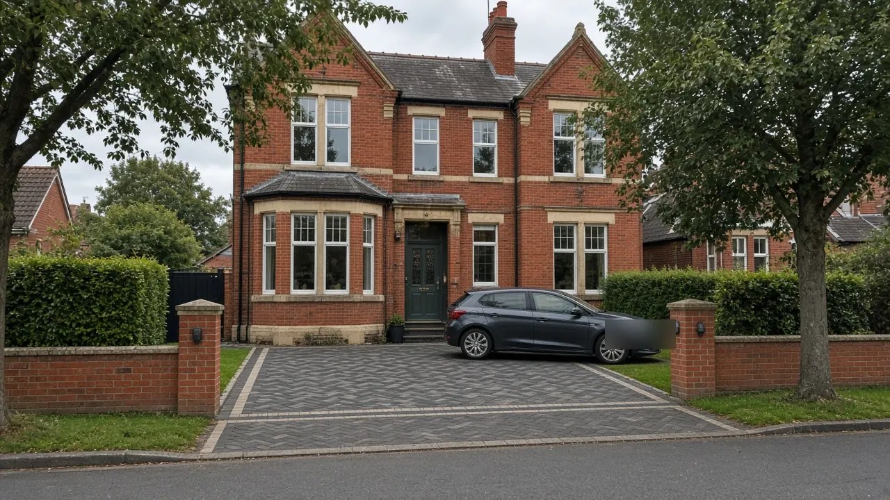 Example image: a herringbone block paved driveway in front of an Edwardian semi-detached house